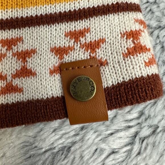 Frye and Co Pom Beanie Nordic Fair Isle Brown Orange Cream Winter Hat - Picture 4 of 7
